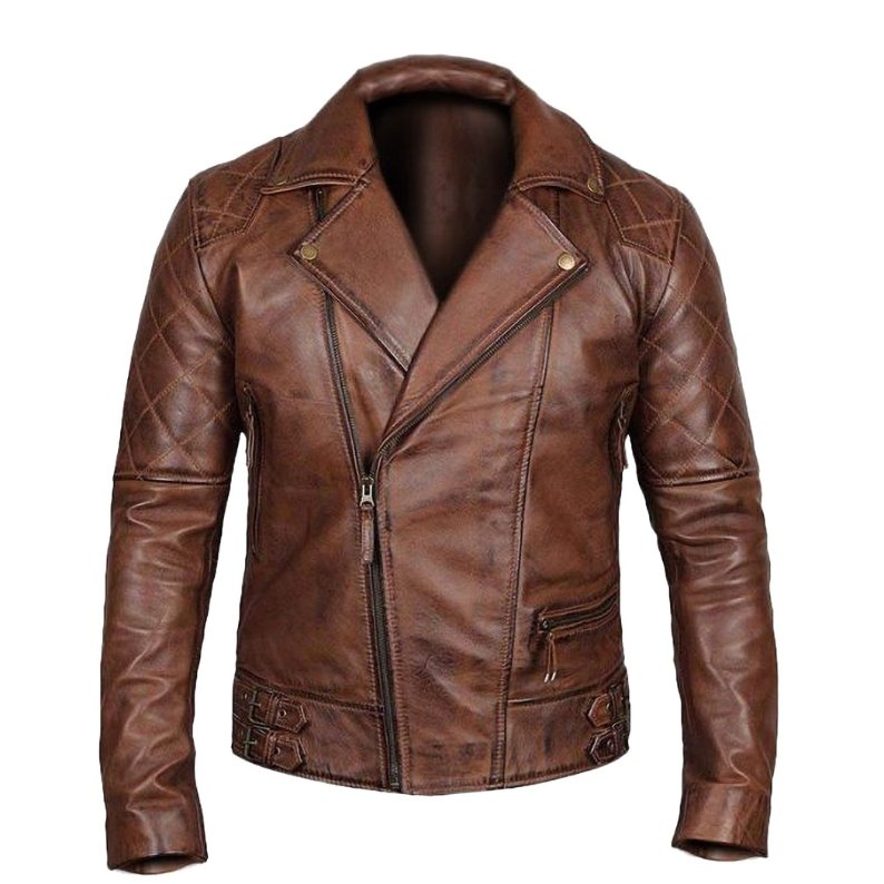 Asymmetric Zip Leather Jacket - Cafe Racer Real Lambskin Brown Leather Jacket for Men