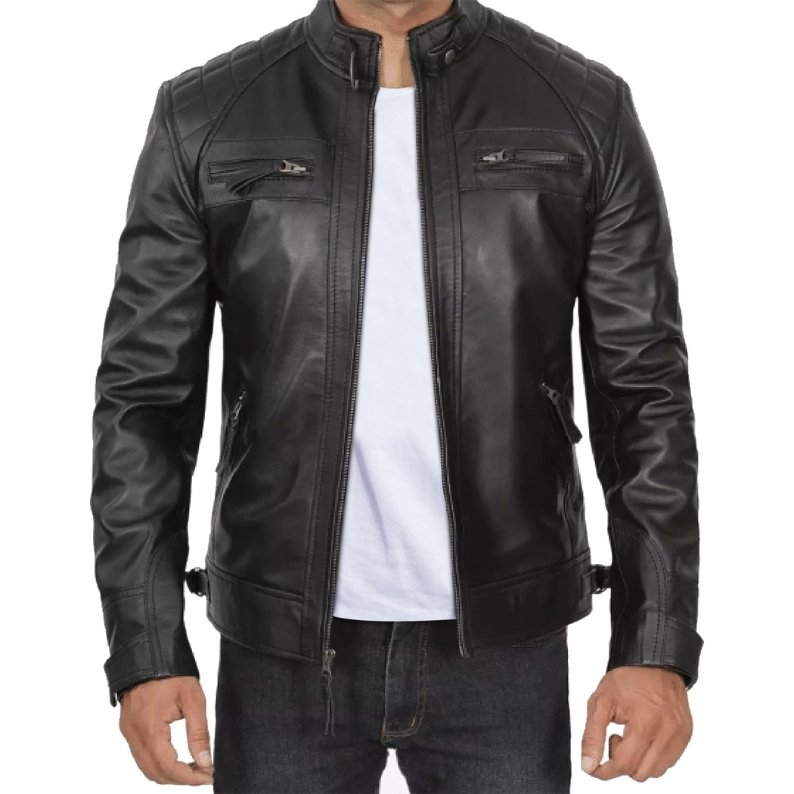 Cafe Racer Genuine Lambskin Black Leather Jacket for Men - Quilted Men's Bomber Motorcycle Jacket